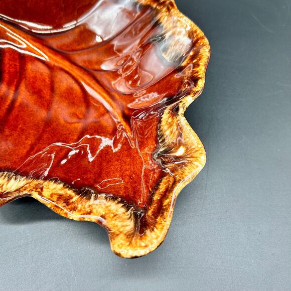 Hull Brown Drip Glaze Pottery Leaf shaped Divided Dish Chip Dip Dish Platter - Picture 4 of 7